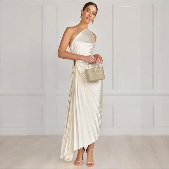 Anthropologie x Dress Forum Ivory One-Shoulder Pleated Cutout Dress* - Picture 1 of 9